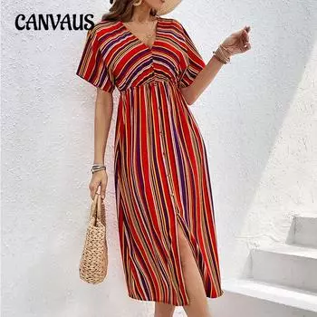 Летние женские платья Красочные полосатые повседневные платья Длинные платья с v-образным вырезом на пуговицах и высокой талией S красный