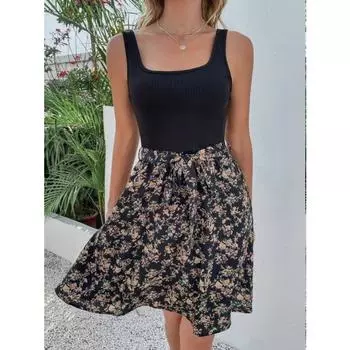 Летние женские платья-майки с принтом и подолом S чёрный