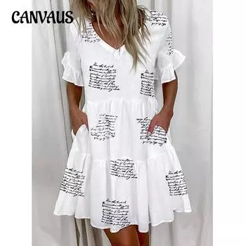 Летние женские платья, модные милые свободные платья с v-образным вырезом и принтом