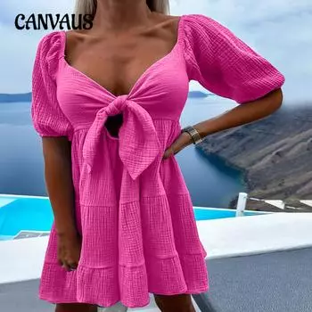 Летние женские платья Модные платья с баской и V-образным вырезом с короткими рукавами S синий