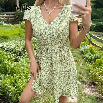 Летние женские платья Модные платья Платья с открытой спиной и V-образным вырезом с цветочным принтом S зелёный
