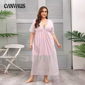 Летние женские платья, ночные рубашки, сетчатая кружевная домашняя одежда, ночные рубашки больших размеров 2XL розовый