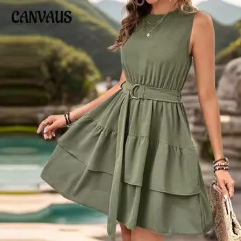 Летние женские платья однотонные многослойные платья без рукавов с круглым вырезом S зелёный