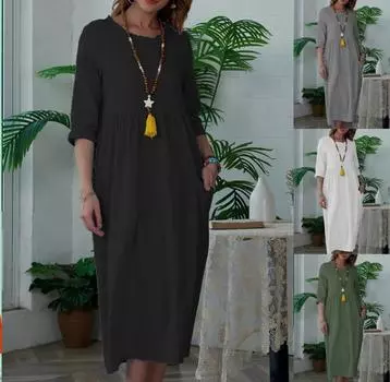 Летние женские платья Платье с круглым вырезом и короткими рукавами Повседневное платье Сплошные платья Свободное мягкое платье S чёрный