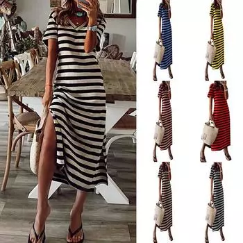 Летние женские платья Платье в полоску с принтом и длинным рукавом Свободное платье Повседневное платье S хаки