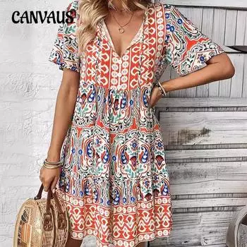 Летние женские платья Платья с v-образным вырезом Модные свободные богемные короткие платья с принтом S синий