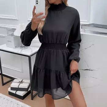 Летние женские платья премиум-класса с длинным рукавом и оборками черного цвета S чёрный
