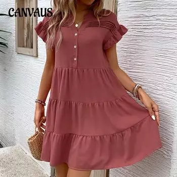 Летние женские платья Простые повседневные платья Короткие платья с баской и пуговицами на пуговицах S красное дерево