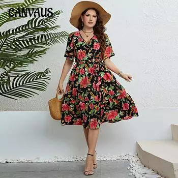 Летние женские платья размера плюс, розовое платье с v-образным вырезом и талией для похудения 1XL