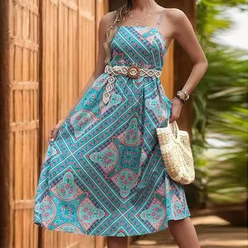 Летние женские платья с этническим принтом и бретельками через шею, шикарные, удобные и универсальные, темпераментные, элегантные, повседневные, женская одежда, нежное женское платье S синий