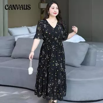 Летние женские платья с цветочным принтом больших размеров, плиссированное платье с v-образным вырезом и рукавами-пузырьками на шнуровке 4XL чёрный