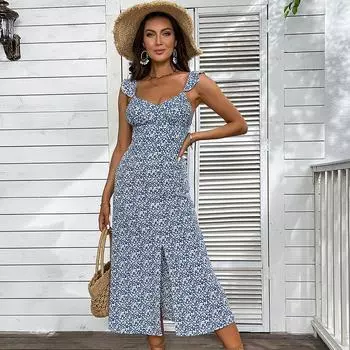 Летние женские платья с цветочным принтом и разрезом на шее, шикарные, удобные и универсальные, темпераментные, элегантные, повседневные, женская одежда, нежное женское платье S синий