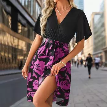 Летние женские платья с цветочным принтом в стиле пэчворк, нестандартные, шикарные, удобные и универсальные, темпераментные, элегантные, повседневные, женская одежда S чёрный