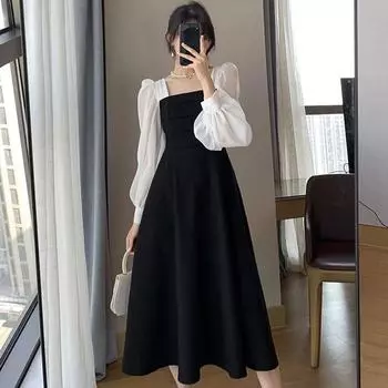 Летние женские платья с длинным рукавом, элегантный квадратный воротник, мягкое винтажное черное платье трапециевидной формы во французском стиле, халат в стиле Лолиты в стиле Харадзюку S чёрный