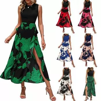 Летние женские платья с круглым вырезом без рукавов, повседневное платье с принтом, мягкое платье S