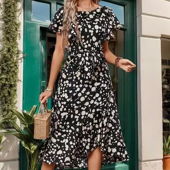 Летние женские платья с круглым вырезом и оборками в горошек, шикарные, удобные и универсальные, темпераментные, элегантные, повседневные, женская одежда, нежное женское платье S чёрный
