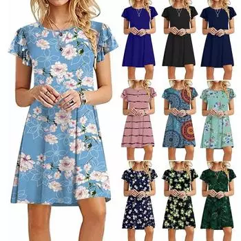 Летние женские платья с круглым вырезом и коротким рукавом, повседневное платье, свободное мягкое платье S