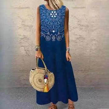 Летние женские платья с круглым вырезом без рукавов, свободные, с принтом, длинные платья S