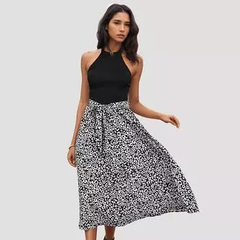 Летние женские платья с леопардовым принтом и лоскутным воротником, шикарные, удобные и универсальные, темпераментные, элегантные, повседневные, женская одежда, нежное женское платье S чёрный