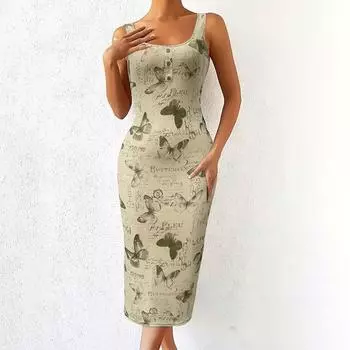 Летние женские платья с принтом бабочки и U-образным вырезом, тонкие длинные платья с лямкой на шее S темные хаки