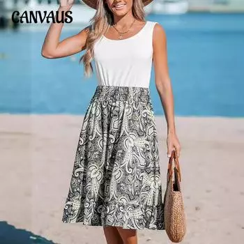 Летние женские платья с принтом, без рукавов, с круглым вырезом, миди-платья S зелёный/белый