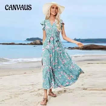 Летние женские платья с принтом, корсетные платья с v-образным вырезом и короткими рукавами, богемные праздничные пляжные платья S синий/зелёный