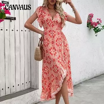 Летние женские платья с v-образным вырезом и запахом, длинные платья с цветочным принтом S оранжевый