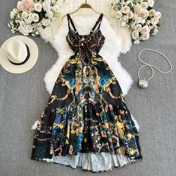Летние женские платья с v-образным вырезом и винтажным принтом, лесные пейзажи, сексуальные тонкие шифоновые праздничные пляжные платья на бретельках с открытой спиной S чёрный
