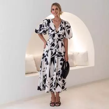 Летние женские платья с V-образным вырезом, рукавами-фонариками и талией, облегающие, с большим качелями и принтом S белый