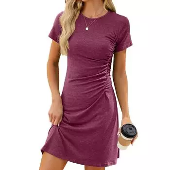 Летние женские платья с завязками по бокам, однотонное мини-платье с круглым вырезом и коротким рукавом, тонкое мини-платье трапециевидной формы S чёрный