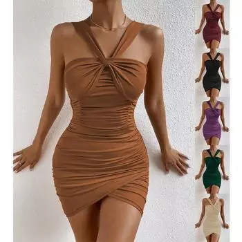 Летние женские платья Сексуальные платья с бретельками Мини-платье без рукавов Платье с открытыми плечами Тонкое платье Черные платья Вечернее платье S абрикосовый