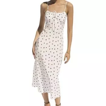 Летние женские платья средней длины с открытой спиной и принтом клубники на бретельках через шею S белый