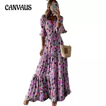 Летние женские платья Темпераментные длинные платья с v-образным вырезом и принтом на подол S серый
