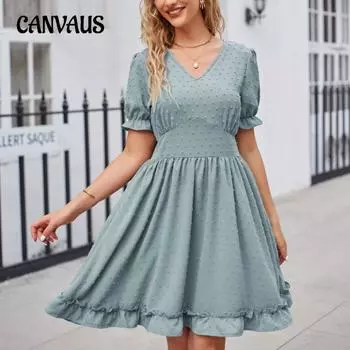 Летние женские платья Жаккардовые пляжные повседневные модные платья с v-образным вырезом и талией S чёрный