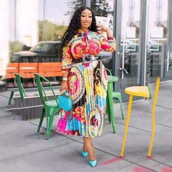 Летние женские плиссированные длинные платья больших размеров с принтом S цветочный