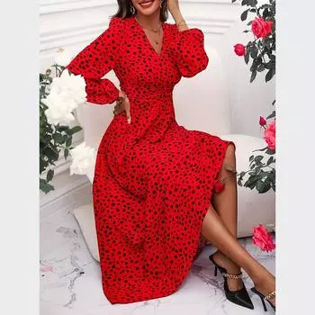 Летние женские плиссированные платья с длинными рукавами и v-образным вырезом с рукавами-пузырьками в горошек S красный