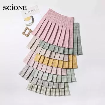 Летние женские плиссированные юбки с высокой талией, женская клетчатая мини-юбка, милые женские танцевальные юбки для девочек, плиссированные юбки в консервативном стиле XS зелёный