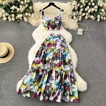 Летние женские пляжные праздничные наряды с принтом, модный жилет на тонких бретельках, топы и длинная макси-большая распашная юбка, комплект из двух предметов S зелёный