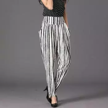 Летние женские полосатые брюки из ледяного шелка на резинке с высокой талией, тонкие брюки, шаровары M