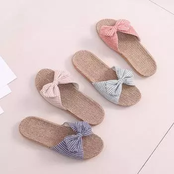 Летние женские полосатые тапочки из хлопка и льна с бантом 35 красный