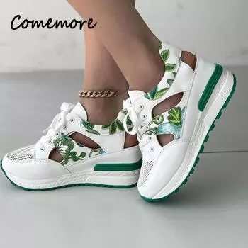 Летние женские полые вулканизированные туфли повседневные дышащие сетчатые кроссовки для ходьбы женские уличные босоножки на танкетке со шнуровкой женская обувь 35 чёрный