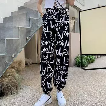 Летние женские повседневные брюки с буквенным принтом больших размеров, женские брюки с высокой талией и девятью точками, брюки с большими карманами, белые женские брюки M чёрный