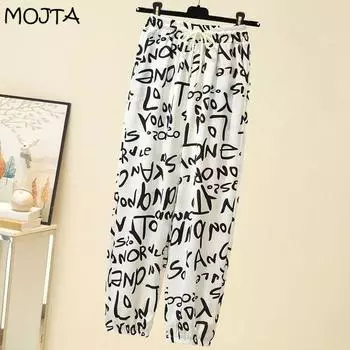 Летние женские повседневные брюки с буквенным принтом больших размеров, женские брюки с высокой талией и девятью точками, брюки с большими карманами, белые женские брюки M чёрный