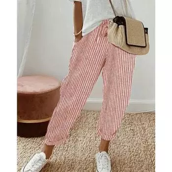 Летние женские повседневные брюки в полоску, свободные брюки с эластичной резинкой на талии M красный