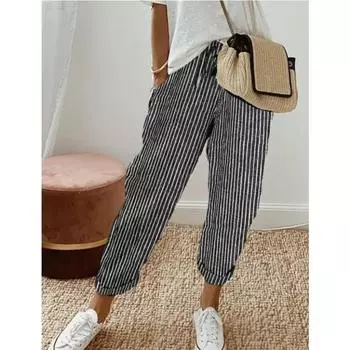 Летние женские повседневные брюки в полоску, свободные брюки с эластичной резинкой на талии S чёрный