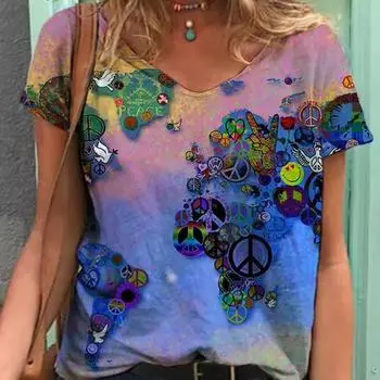 Летние женские повседневные футболки с коротким рукавом с 3D-принтом, свободные уличные женские сексуальные пуловеры с V-образным вырезом, женские свободные топы S