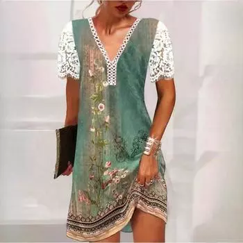 Летние женские повседневные кружевные лоскутные воротники с коротким рукавом платья S зелёный