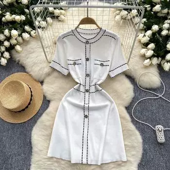 Летние женские повседневные мини-офисные вязаные свитера с короткими рукавами, пуловеры, платья One Size белый