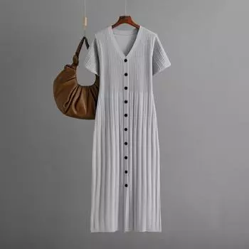 Летние женские повседневные однотонные трикотажные платья с V-образным вырезом и коротким рукавом, с завышенной талией One Size серый