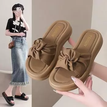 Летние женские повседневные пляжные туфли на толстой подошве, нескользящие, на платформе, в стиле феи, повседневные женские тапочки на среднем каблуке 39EU/CN40 чёрный